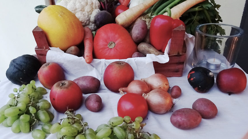 Obst und Gemüse drapiert für das Ernte Dank Fest im Kleingartenverein Große-Dahlkamp .eV.